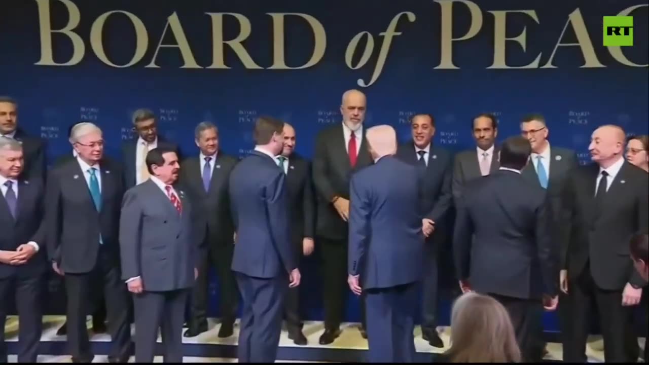 Trump greets Board of Peace members in Washington as the song 'Gloria' plays