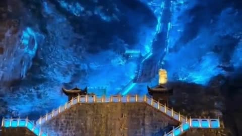 Ethereal Beauty: Tianmen Mountain Aglow at Night 💙💛
