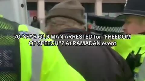 70 year old man arrested, handcuffed by 5 British coppers and put in a meaty van for...