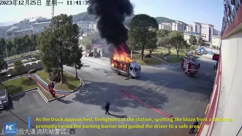 Quick-thinking driver races burning truck to fire station