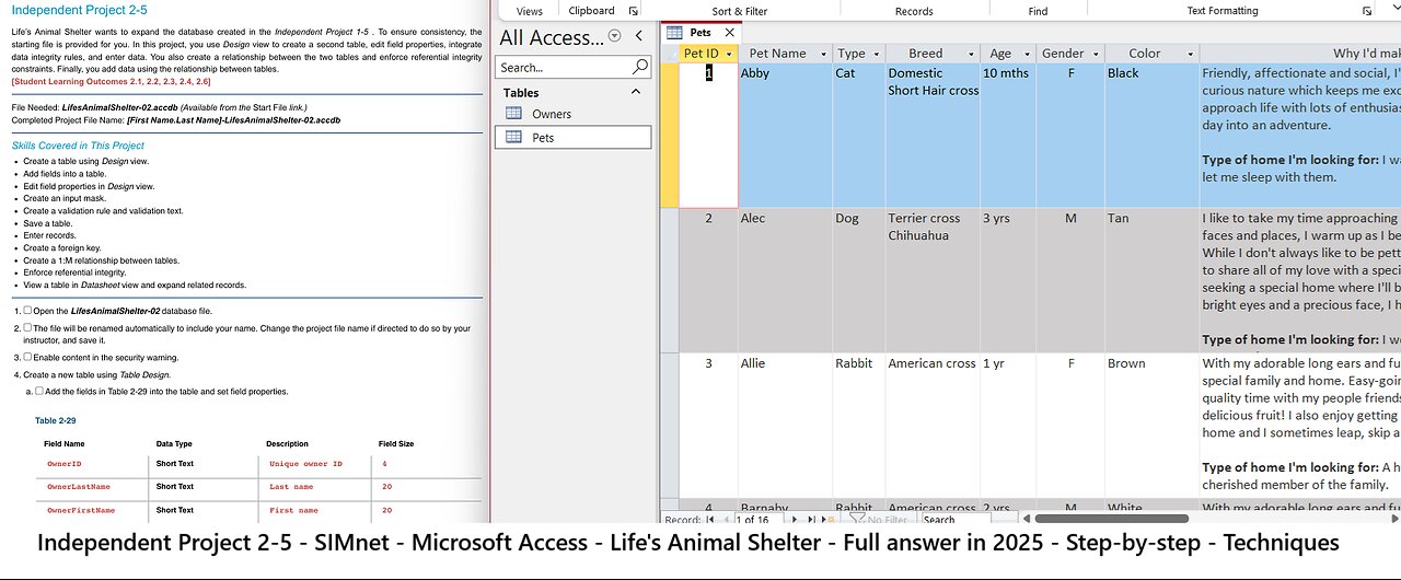 Access 2019 In Practice - Ch 2 Independent Project 2-5 - Life’s Animal Shelter (Update 2025)