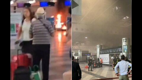 Terror at the airport/ A person sets fire to a counter.