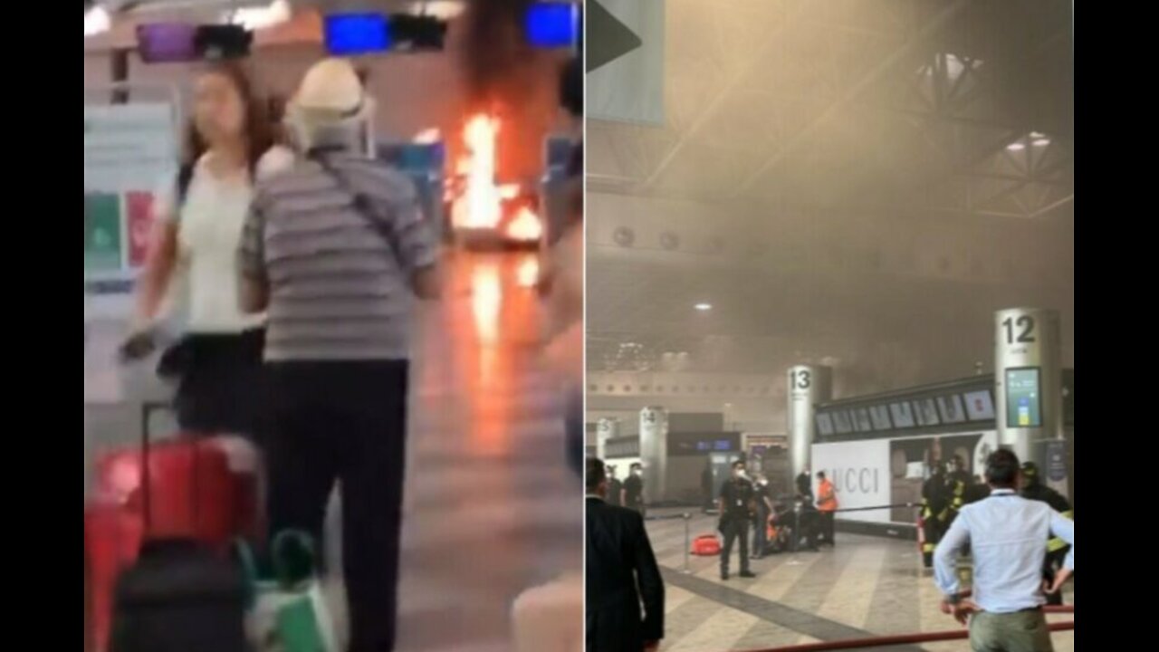 Terror at the airport/ A person sets fire to a counter.