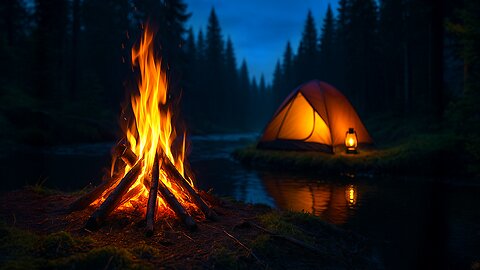 🌌 Night Campfire by the Stream 🔥 | Crackling Fire, Flowing Water & Forest Ambience | 3-Hour ASMR