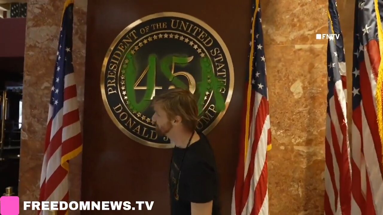 Trump Tower placard DEFACED with Chalk Spray Paint by Climate Activists in NYC.