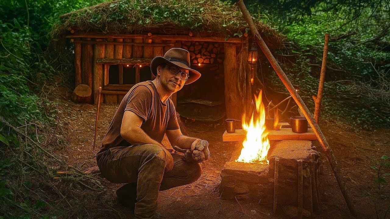 100% natural cabin building + amazing smart fireplace 🔥