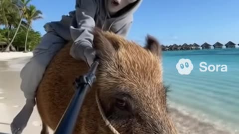 Alien rides a pig in the Maldives 1 - Sora 2 AI VIDEO