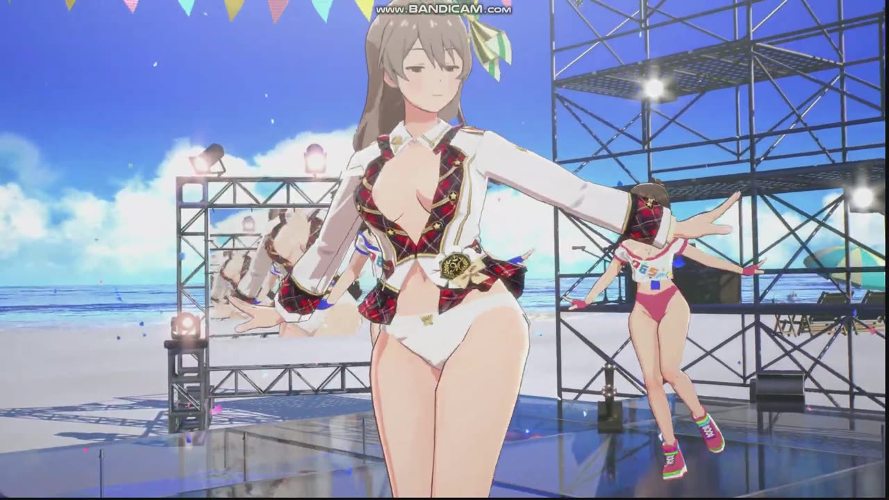 A group of idols dressed in Idol Costumes dancing in beach,song called オレンジの空の下