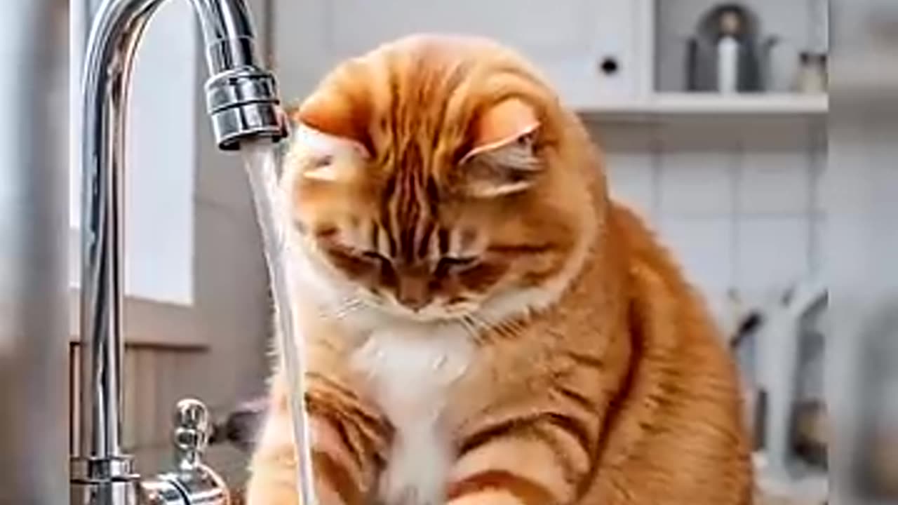 a fat orange cat cooks fish