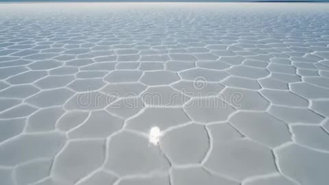 Aerial Drone View of Breathtaking Salt Flats Sunlight Gliding Over Hexagonal Salt Patterns