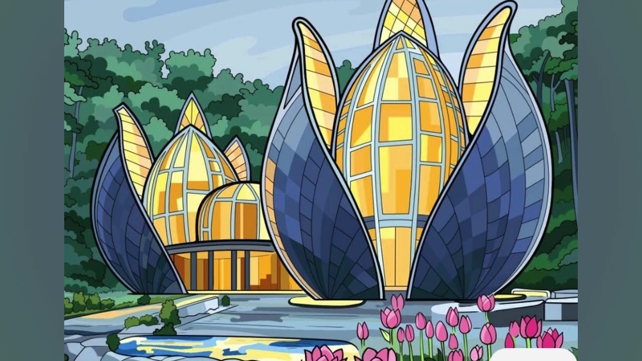 Lotus-Inspired Glass Building Surrounded by Garden in Tranquil Setting