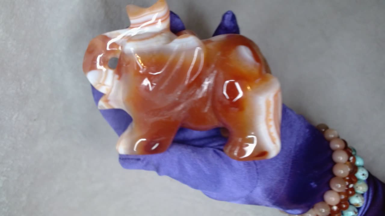 Trunk Up Banded Carnelian Agate Elephant Figurine Healing Crystal for Good Luck & Prosperity