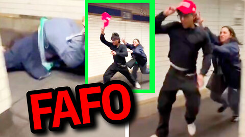 Unhinged NYC woman loses it on a man in a MAGA hat—then karma knocks her down, literally.🤣🤣🤣