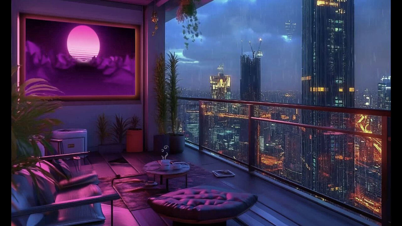 City, Retro Vibes, Raining Jazz music Over Looking Town