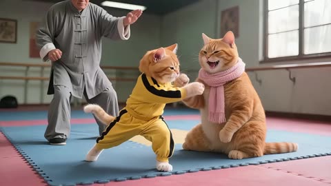 Tiger-Hat Kitten’s Fun HK Trip: Mimicking Bruce Lee Statue