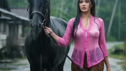 A beautiful woman leading a gallant horse in the rain