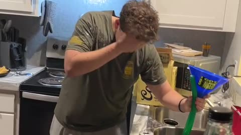 Guy Splashes Beer Bong Contents Over Self
