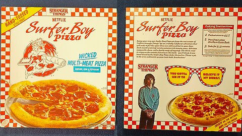 Netflix STRANGER THINGS Surfer Boy 🍕WICKED MULTI-MEAT Pizza🍕 box art. Palermo's.