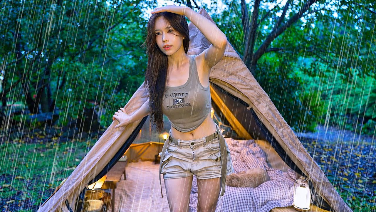 ☔️One night in a small tent in the pouring rain - Roasting kimchi and drinking makgeolli