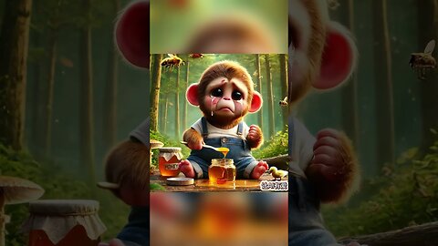 It's painful for the little monkey to eat honey