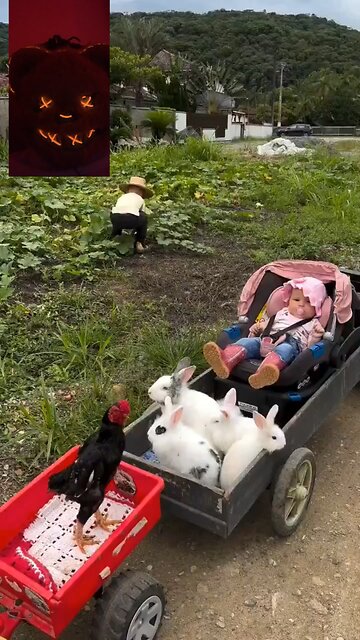 Beautiful kid harvesting cucumber in the farm and driving home