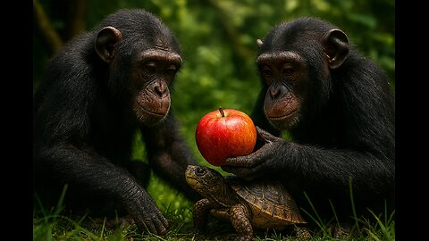 Two black monkeys offer a red apple to a turtle in a green forest.