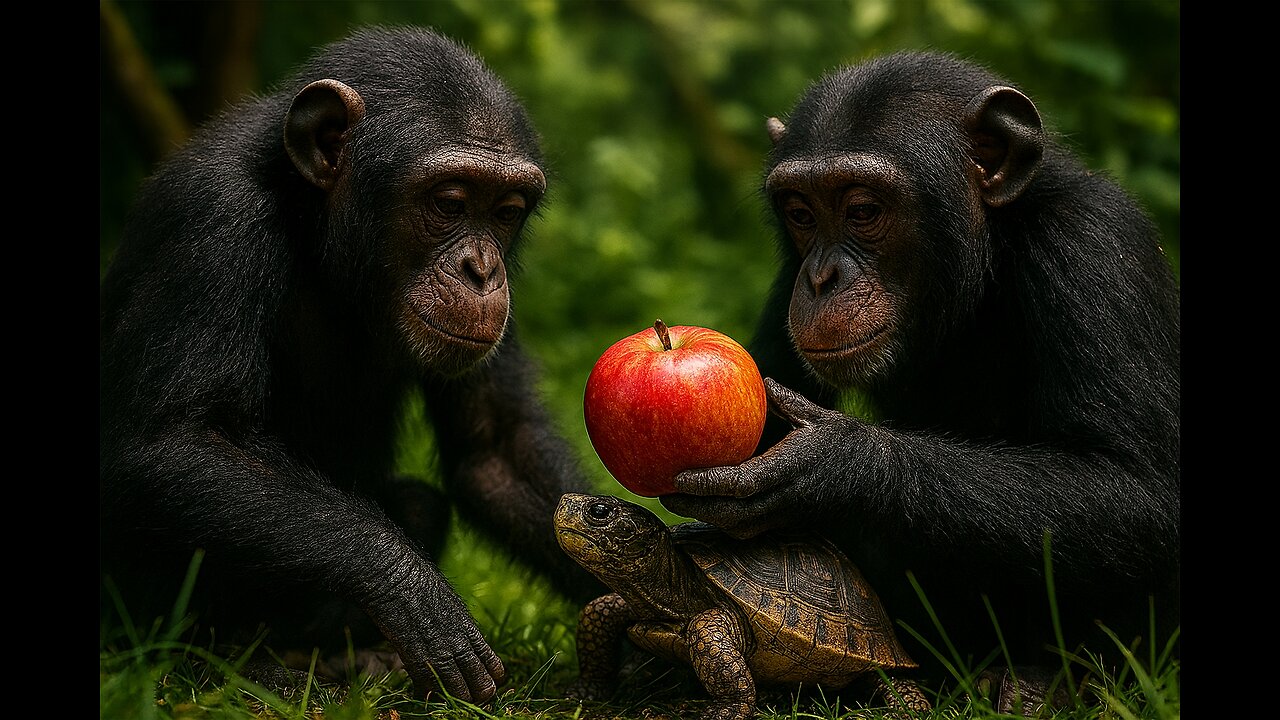 Two black monkeys offer a red apple to a turtle in a green forest.