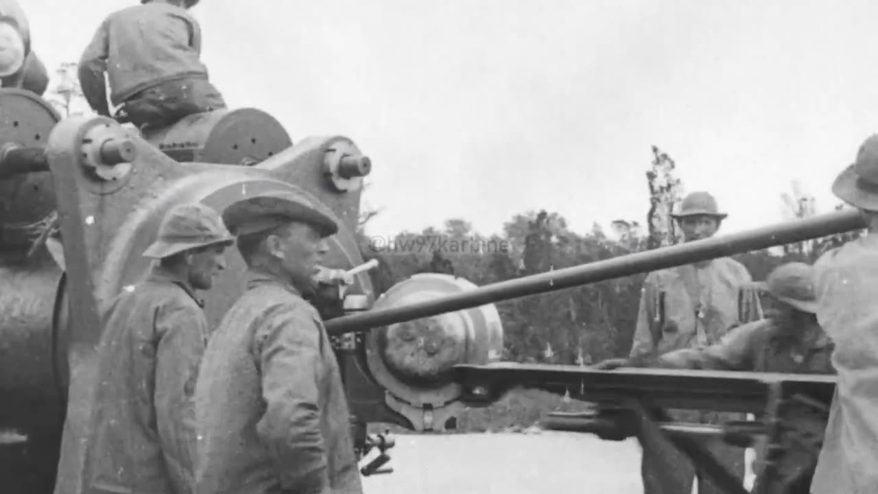 Loading and firing a US 12-inch coastal defense gun M1895 on an M1917 long range barbette