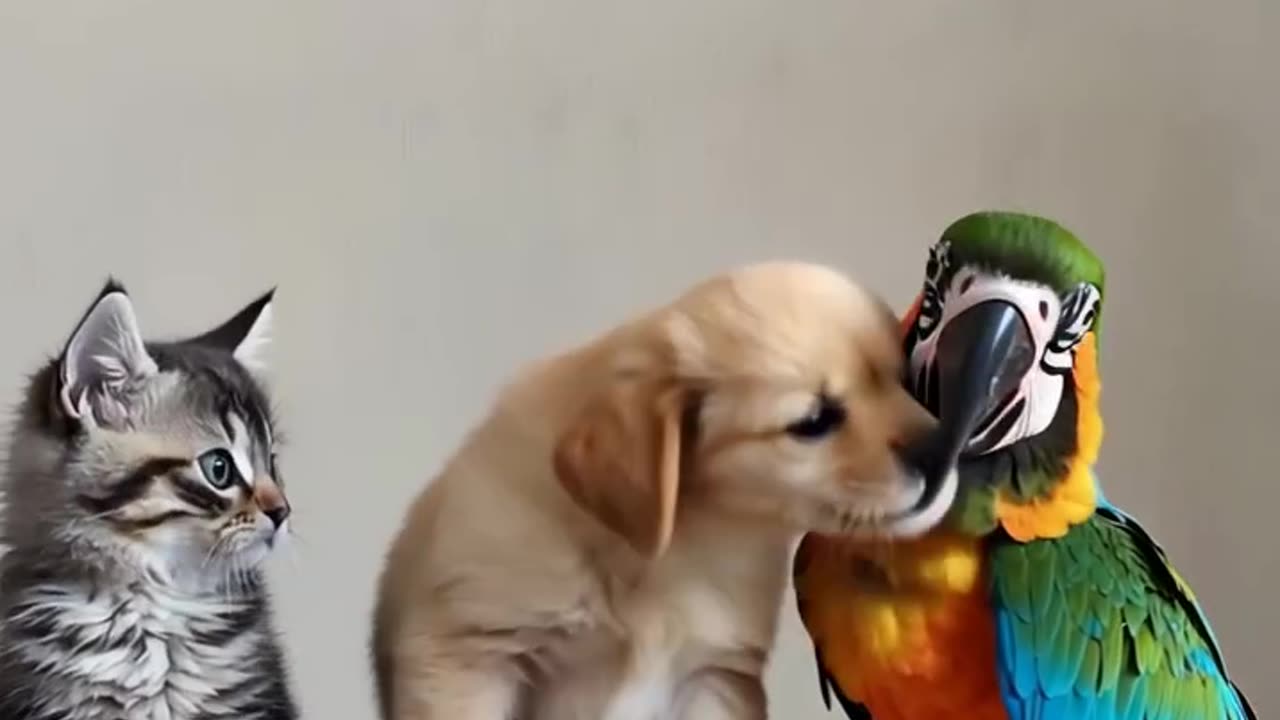Kitten, Puppy, and Parrot – The Cutest Trio of Love 🐶🐱🦜❤️