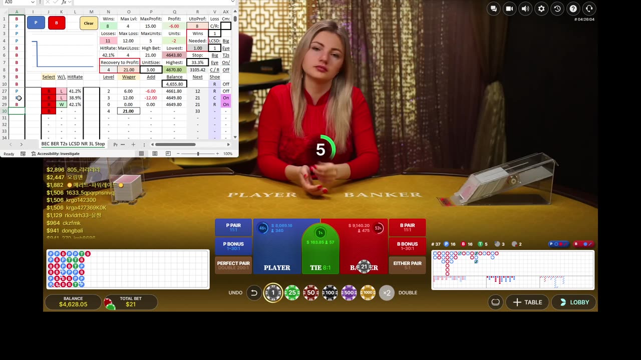 Live Baccarat - 50 units won in 70 minutes with 57.5% hit rate and 4 unit drawdown. Mistakes made.