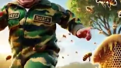 Cute army baby gets attacked by a swarm of bees and saved by cow #ai #baby #cat