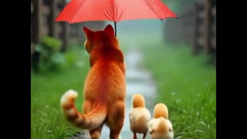 Brave Cat Becomes a Hero: Saving Chicks from Rain with an Umbrella!