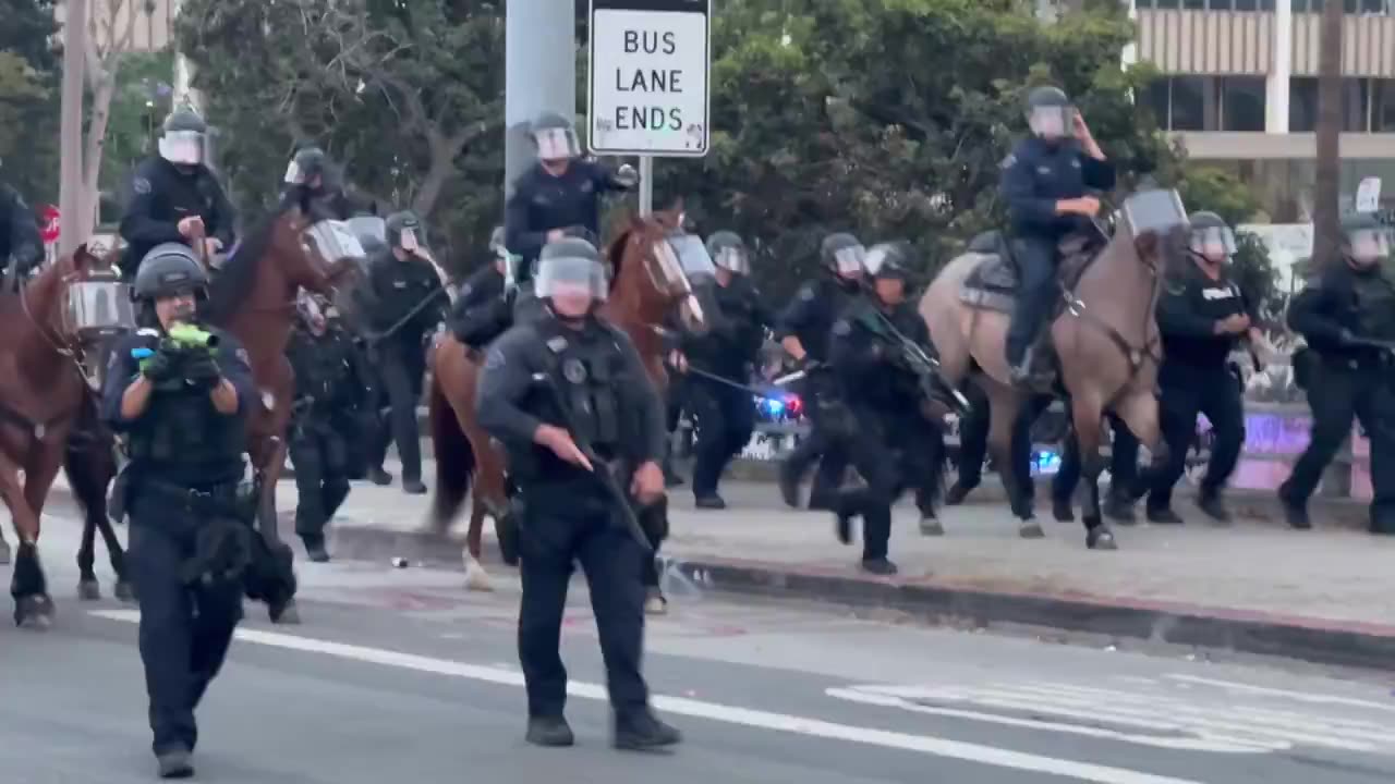 LA riots. Police horses used to drive back rioters. Today I learned the horses have clear shields