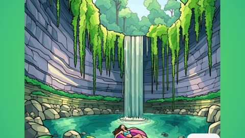 Serene Tropical Lagoon with Waterfall and Woman Floating on Inner Tube