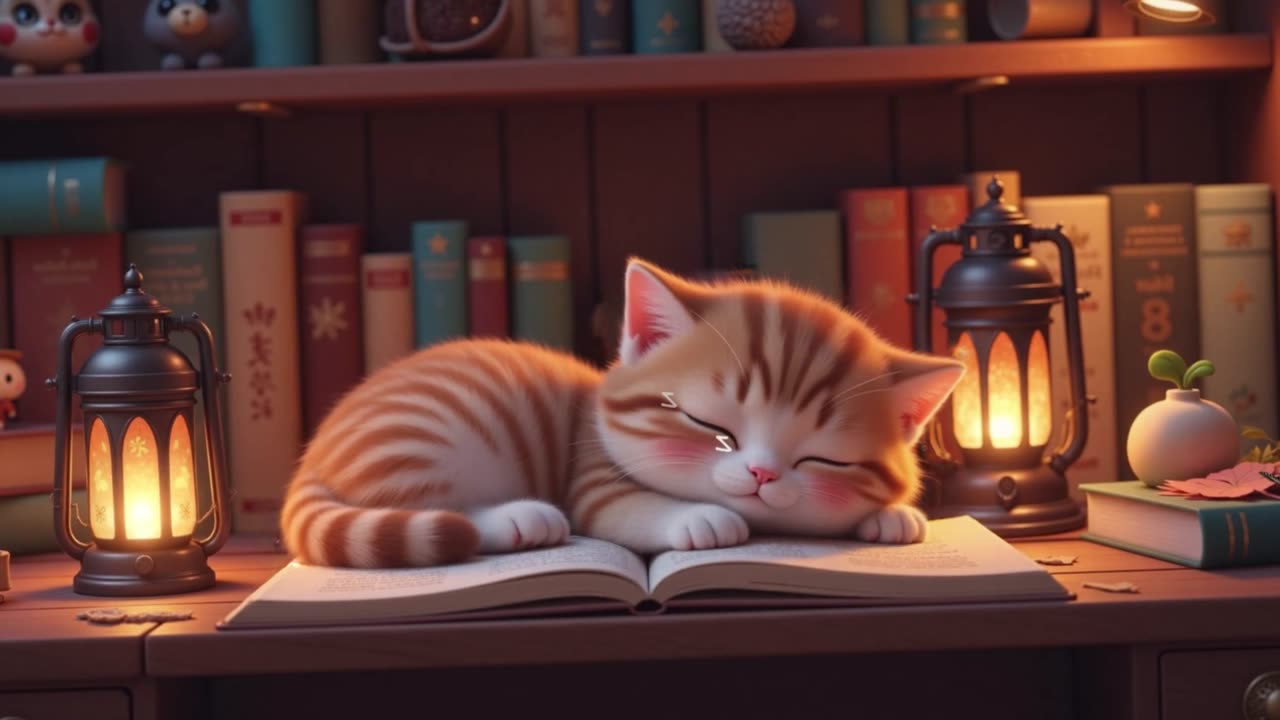 Cute Kitten Sleeping on Book Reading & Sweet Dreams