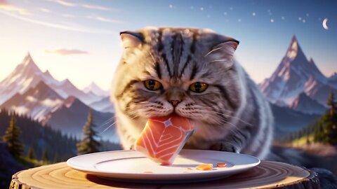 Mountain Feast: Cat Enjoys Fish with a View!