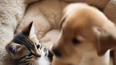 Cutest Cuddle ever between an Adorable Puppy and a tiny Kitten Heartwarming Pet Moment