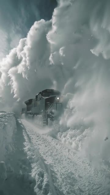 Ultra-cinematic 9:16 documentary-style video of a heavy-duty snowplow train battling its