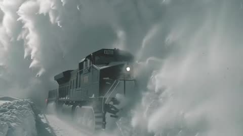 Ultra-cinematic 9:16 documentary-style video of a heavy-duty snowplow train battling its