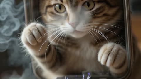 Slow-motion moment cat lifting lunchbox lid, steam and sparkle effects on fish🐱🍱🐟