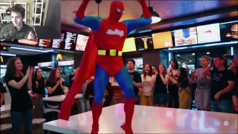 Man In A Fictitious Spider-Man-Inspired Costume Dancing At McDonald's Restaurant Fake Strange Video