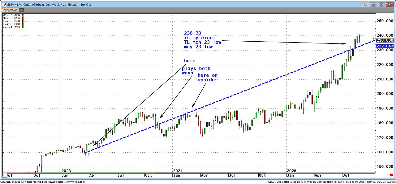 Trading charts, drawing trendlines, cattle todays low