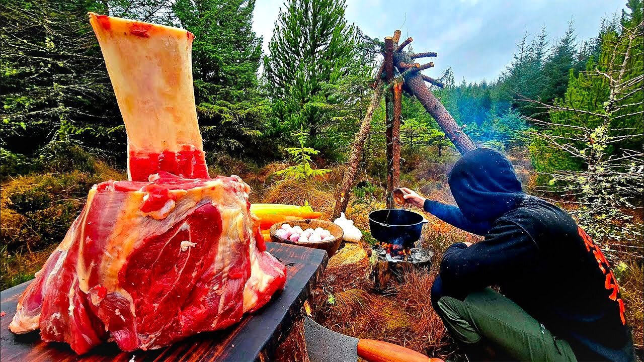Beef Stew BUSHCRAFT STYLE in the Forest | ASMR Cooking in Nature