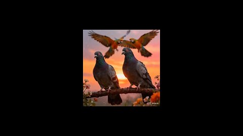 enjoy two pigeons sitting on the tree with parrots flying