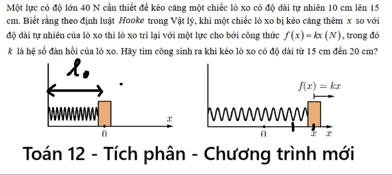 Toán 12: Một lực có độ lớn 40 N cần thiết để kéo căng một chiếc lò xo có độ dài tự nhiên 10 cm lên