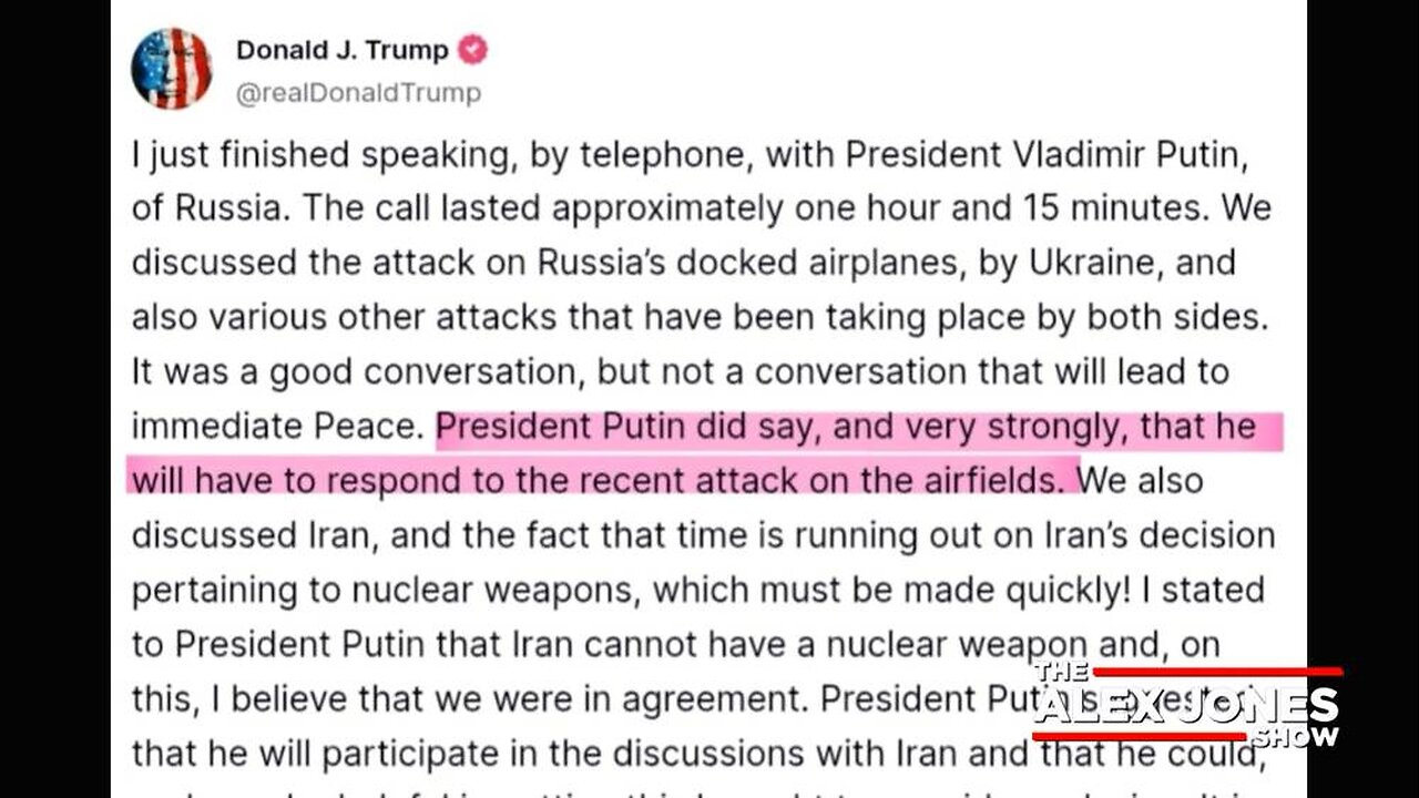 BREAKING: Trump Reveals Phone Call With Putin, Says Russia ‘Will Respond’ to Ukraine Attacks, May Help Deescalate Iran Nuke Threat