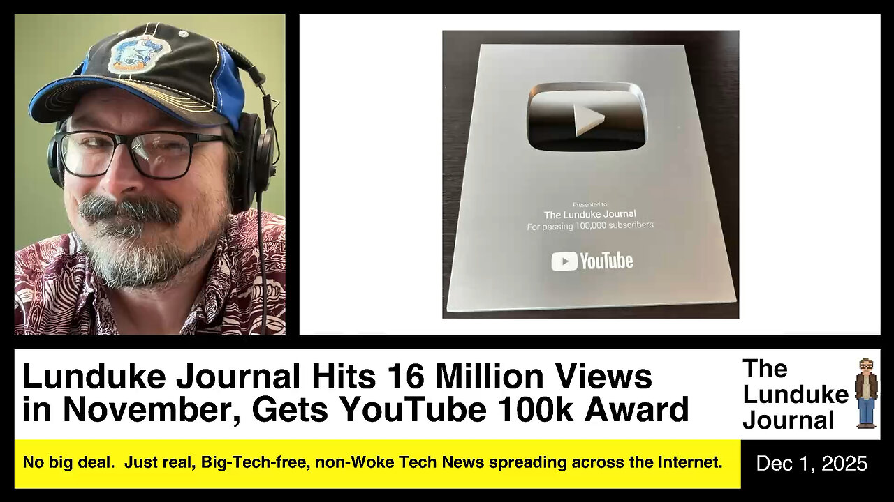 Lunduke Journal Hits 16 Million Views in November, Gets YouTube 100k Award