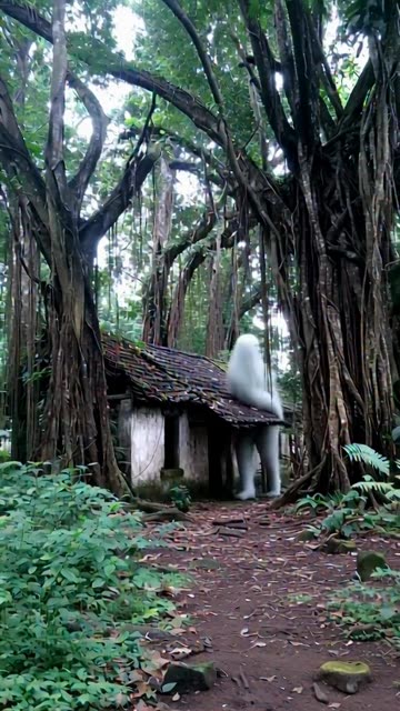 An old house with a banyan tree growing over it, and inhabited by typical Indonesian