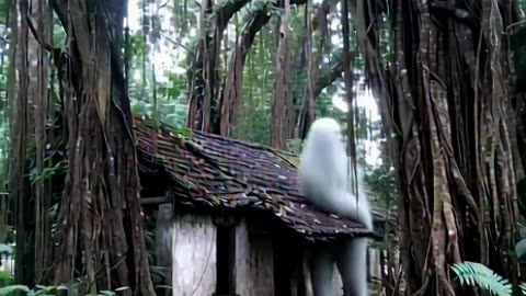 An old house with a banyan tree growing over it, and inhabited by typical Indonesian