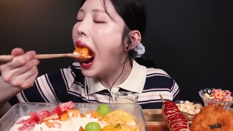 Sweet Giant Fruit Bingsu with Crispy Hotdog Croquette Mukbang ASMR FOLLOW ME PLEASE